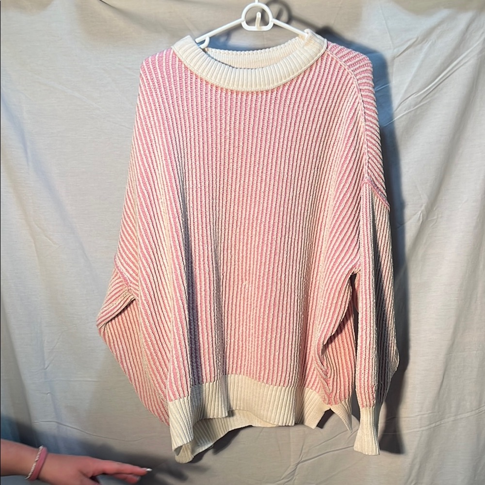 Aerie Pink and Cream Crew Neck Sweater with Ribbed Knit